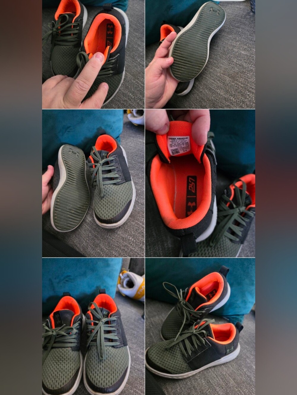 Under Armour Olive Green Kids Athletic Shoes with Orange Accent